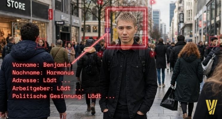Ben Harmanus wird mit einer KI-Brille in einer Fußgängerzone gescannt.