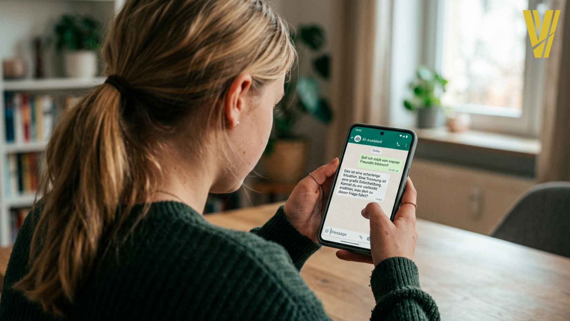 Eine weibliche Person schaut auf dem Smartphone einen Chat mit einem KI-Bot an.