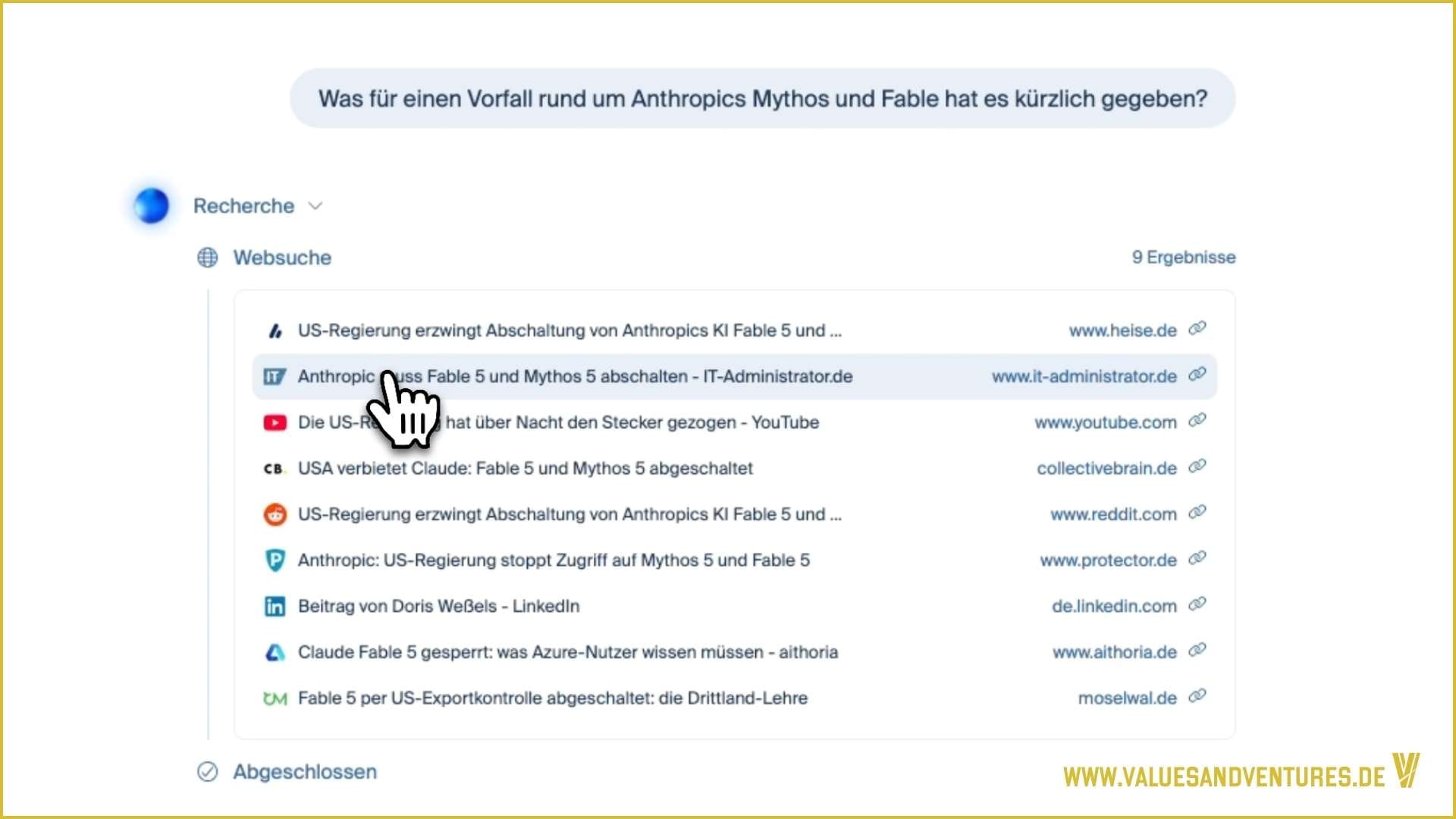 Übersichtliche Auflistung der Quellen von Eurias Websuche.