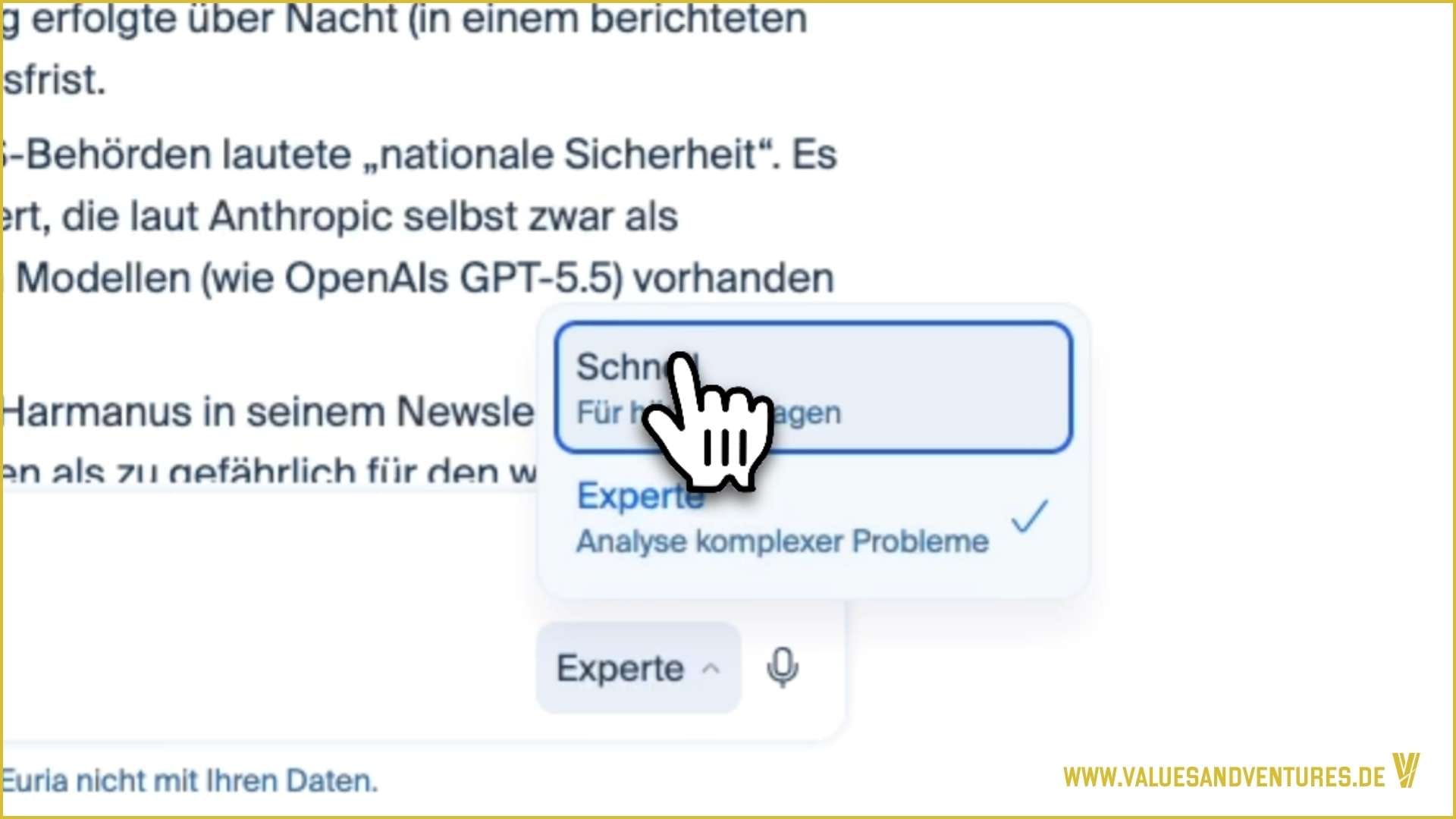 Euria bietet den Modus „Schnell“ für häufige Fragen und „Experte“ für komplexe Analysen.