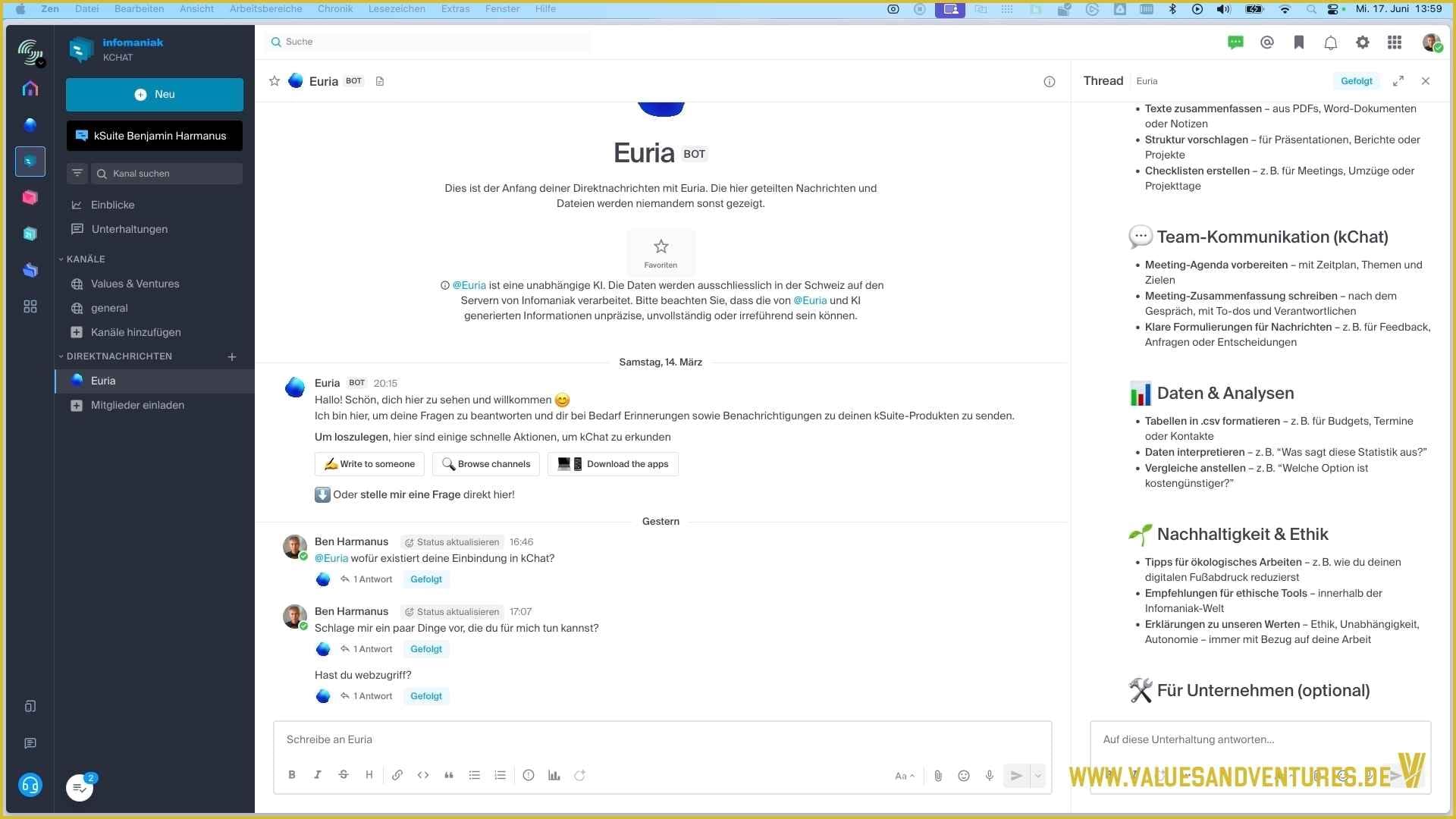 Euria in Infomaniaks Team-Messenger kChat.