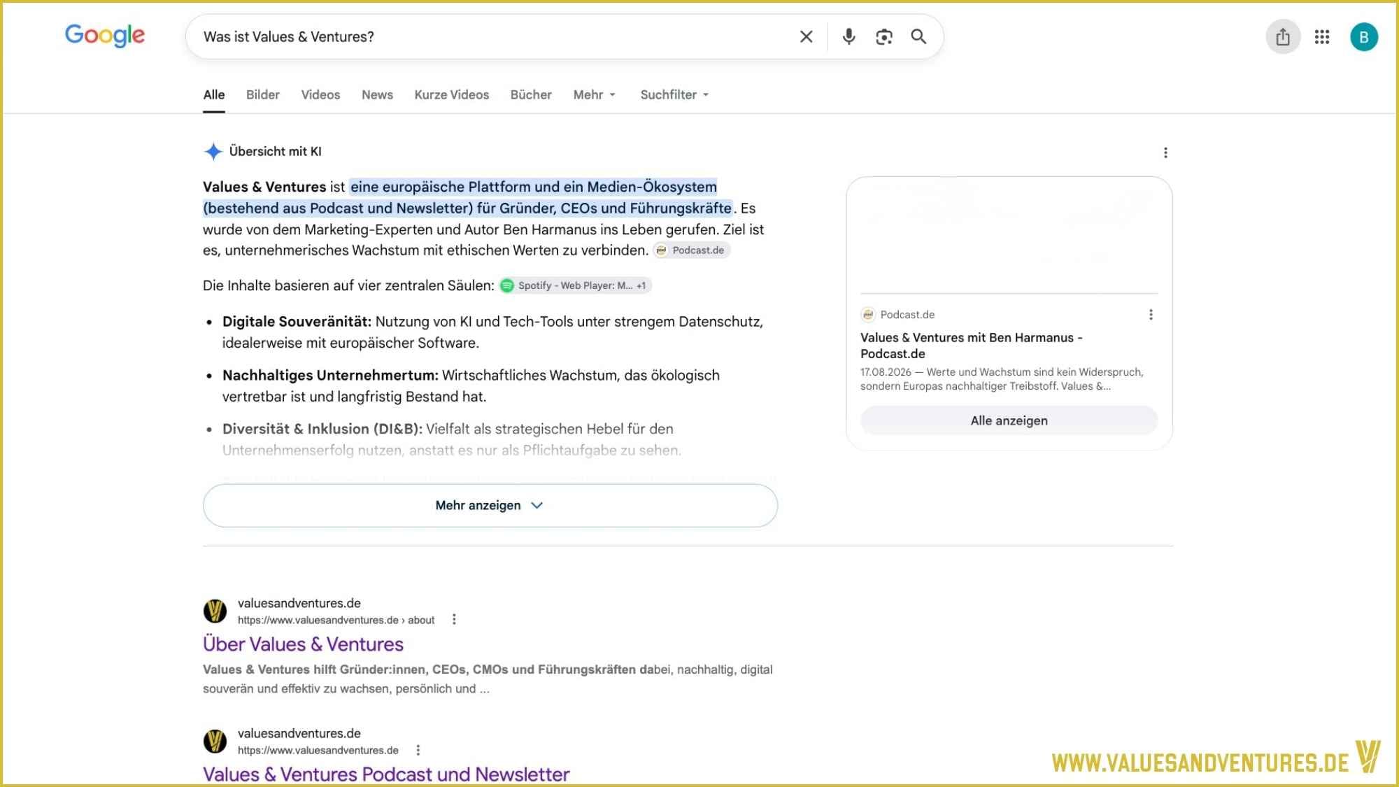 Die Antwort zu „Was ist Values & Ventures“ in Googles AI Overviews.