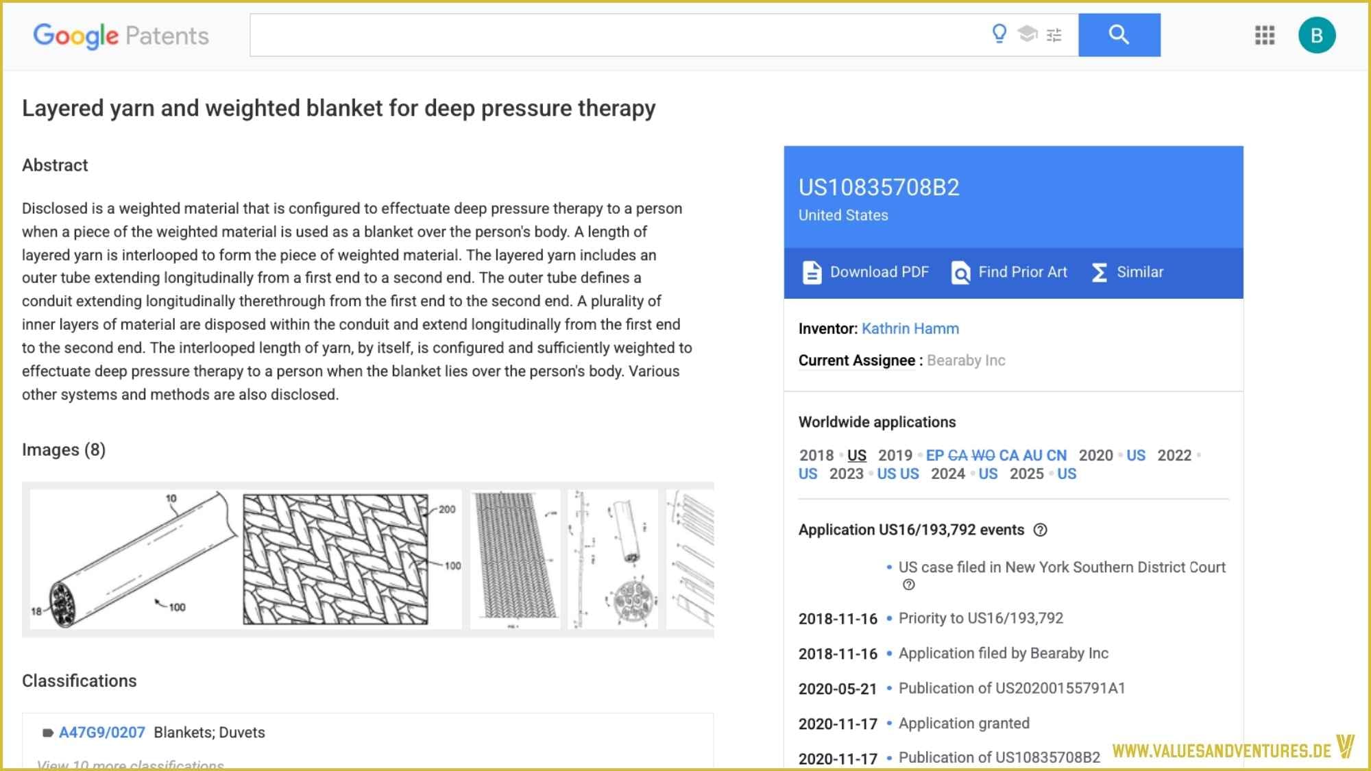 Das Patent der Bearaby Gewichtsdecke auf der Google-Patents-Seite.