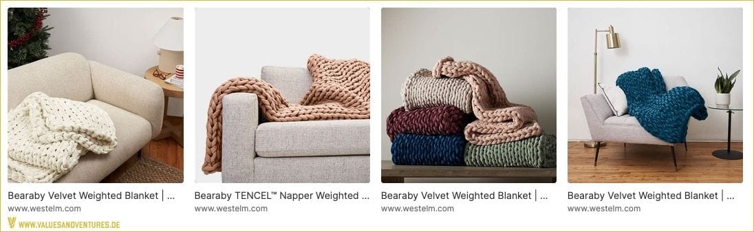 Die Bearaby Gewichtsdecke auf Produktbildern im West Elm Onlineshop.